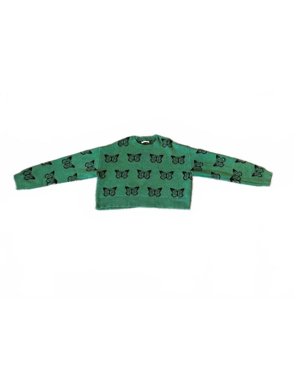 L.A. Hearts Green Cropped Sweater with Black Butterfly Pattern, Size M